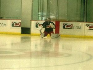 Cam Ward preps for an informal on-ice session - Peter Koutroumpis, Triangle Sports Network